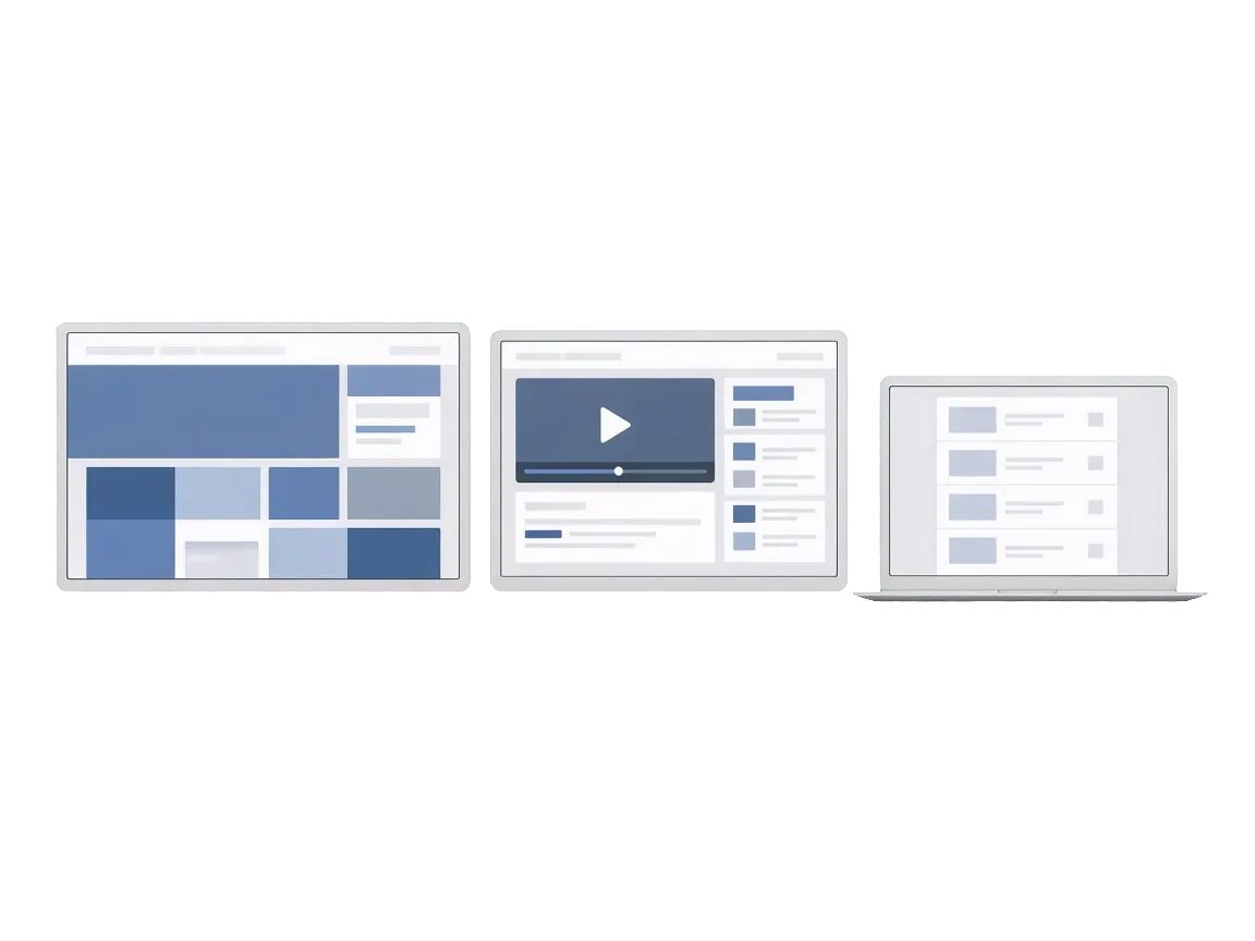 A wide webpage, a video page and a taller laptop document