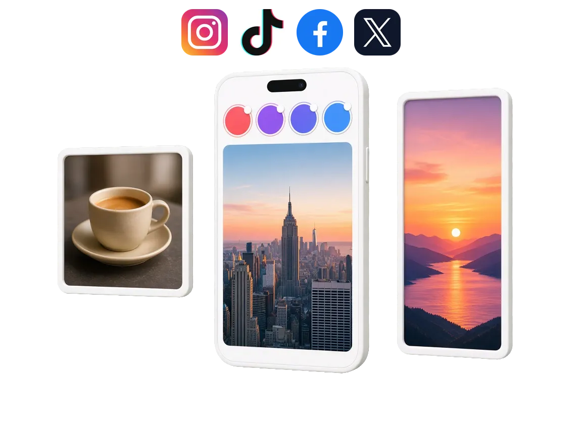 Instagram, TikTok, Facebook and X marks above a square post, a feed photo and a Story
